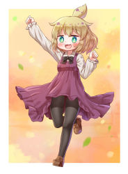 Rule 34 | 1girl, :3, :d, ahoge, aki minoriko, apron, arinu, arm up, black bow, black bowtie, black legwear, blonde hair, border, bow, bowtie, bright pupils, brown footwear, full body, green eyes, highres, long sleeves, looking at viewer, open mouth, red apron, smile, solo, touhou, white border, white pupils