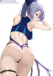 Rule 34 | 1girl, ass, back, bamuth, bare shoulders, blue bow, blue one-piece swimsuit, bow, breasts, fate/grand order, fate (series), hair between eyes, hair bow, highleg, highleg swimsuit, highres, large breasts, long hair, looking at viewer, looking back, one-piece swimsuit, ponytail, red eyes, silver hair, solo, swimsuit, thigh strap, thighs, tomoe gozen (fate), tomoe gozen (swimsuit saber) (fate), two-tone swimsuit, white one-piece swimsuit