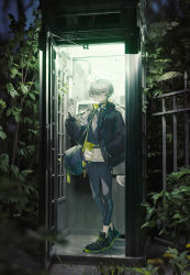 Rule 34 | 1boy, absurdres, ahoge, arene (arknights), arknights, bag, bishounen, black nails, choker, ear piercing, full body, green eyes, halo, hand in pocket, hand up, highres, jacket, looking at viewer, male focus, nail polish, outdoors, phone booth, piercing, short hair, solo, tuzhate, white hair