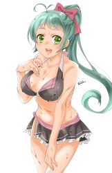Rule 34 | 1girl, absurdres, bikini, bikini skirt, black bikini, breasts, cleavage, cowboy shot, green eyes, green hair, highres, irako (kancolle), kantai collection, large breasts, leaning forward, long hair, maonatten, one-hour drawing challenge, ponytail, simple background, solo, swimsuit, white background