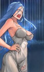 Rule 34 | 1girl, blue eyes, clothes lift, dress, elleyra (her summon), grey dress, her summon, long hair, looking at viewer, night, open mouth, sky, very long hair