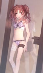 Rule 34 | 2girls, :d, back-to-back, bandages, bare arms, bare shoulders, breasts, brown eyes, brown hair, collarbone, commentary request, feet out of frame, glass door, hair ribbon, highres, indoors, long hair, misaka mikoto, multiple girls, navel, open mouth, red ribbon, ribbon, rkk toaru, school uniform, shirai kuroko, small breasts, smile, thigh strap, thighs, toaru kagaku no railgun, toaru majutsu no index, tokiwadai school uniform, twintails, underwear, underwear only, wavy hair