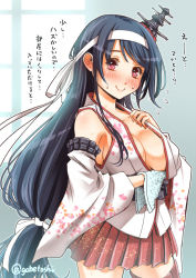 Rule 34 | 10s, 1girl, black hair, blush, breasts, cleavage, detached sleeves, female focus, flying sweatdrops, fusou (kancolle), gradient background, hair ornament, hair ribbon, headband, japanese clothes, kantai collection, large breasts, long hair, looking at viewer, open clothes, open shirt, red eyes, ribbon, shirt, sogabe toshinori, solo, sweat, towel, translation request, wide sleeves, wiping sweat