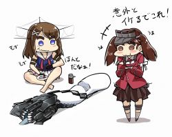 Rule 34 | 10s, 2girls, :3, :t, blue eyes, blush stickers, brown eyes, brown hair, chopsticks, eating, kantai collection, maya (kancolle), multiple girls, re-class battleship, ryuujou (kancolle), simple background, sitting, skirt, soy sauce, tail removed, tanaka kusao, translation request, twintails, visor cap, white background