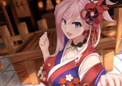 Rule 34 | 1girl, blue eyes, blue kimono, blush, box, breasts, cleavage, collarbone, detached sleeves, donation box, earrings, fate/grand order, fate (series), floral print, flower, hair flower, hair ornament, highres, japanese clothes, jewelry, kimono, large breasts, long hair, looking at viewer, magatama, miyamoto musashi (fate), miyamoto musashi (knowing the way broadly) (fate), open mouth, pink hair, ponytail, ryouya, sleeveless, sleeveless kimono, smile, solo, swept bangs