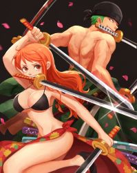 Rule 34 | 1boy, 1girl, alternate universe, artist request, bandana, bikini, bikini top only, black footwear, breasts, brown eyes, cherry blossoms, cleavage, dark background, eyelashes, green hair, high heels, highres, holding, holding sword, holding weapon, katana, large breasts, long hair, looking at another, matching hair/eyes, midriff, mouth hold, nami (one piece), navel, one piece, orange eyes, orange hair, roronoa zoro, short hair, shoulder tattoo, simple background, source request, swimsuit, sword, sword hilt, tattoo, trait connection, underboob, weapon