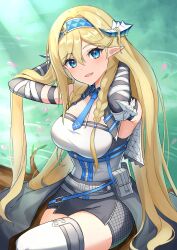 Rule 34 | 1girl, :d, absurdres, arknights, arm strap, bare shoulders, belt, black gloves, blonde hair, blue eyes, blue hairband, blue necktie, braid, breasts, commentary request, elbow gloves, gloves, grey belt, hair between eyes, hairband, hands in hair, head tilt, highres, horns, k@bu, large breasts, long hair, looking at viewer, necktie, open mouth, pointy ears, pouch, saileach (arknights), shirt, sitting, smile, solo, thighhighs, thighs, twin braids, very long hair, white shirt, white thighhighs