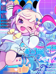 Rule 34 | 1girl, anklet, blonde hair, blue bow, blue hair, blue serafuku, blue skirt, boots, bow, bowtie, chibi, chouzetsusaikawa tenshi-chan, commentary, emoji, english text, foot out of frame, ghost, hair bow, heart, heart stickers, highres, jewelry, light blush, long hair, midriff peek, multicolored hair, multiple hair bows, multiple views, needy girl overdose, one eye closed, open mouth, pink bow, pink hair, pixelated, platform boots, platform footwear, pleading face emoji, pleated skirt, purple bow, purple eyes, quad tails, raised fist, school uniform, serafuku, signature, skirt, sleeves past wrists, smile, solo focus, thumbs up, v over eye, very long hair, yellow bow, yellow bowtie, yukino super