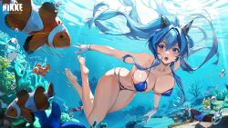 Rule 34 | 1girl, absurdres, air bubble, bare shoulders, barefoot, bikini, blue bikini, blue eyes, blue hair, breasts, bubble, cleavage, clownfish, copyright name, covered erect nipples, day, feet, fish, gloves, goddess of victory: nikke, helm (aqua marine) (nikke), helm (nikke), high ponytail, highres, large breasts, long hair, looking to the side, micro bikini, navel, official art, open mouth, pinkmill, skindentation, soles, solo, swimsuit, teeth, thighs, underwater, upper teeth only, water, white gloves
