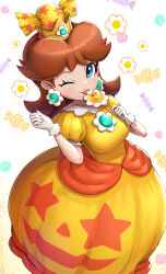 Rule 34 | 1girl, absurdres, blue eyes, blush, breasts, brown hair, candy, closed mouth, commentary request, crown, dress, earrings, eyelashes, flower, flower (symbol), flower earrings, food, gem, gloves, gonzarez, halloween, hands up, highres, holding, holding candy, holding food, holding lollipop, jewelry, licking, lollipop, looking at viewer, mario (series), medium breasts, medium hair, nintendo, official alternate costume, one eye closed, orange dress, parted bangs, princess daisy, puffy short sleeves, puffy sleeves, short sleeves, simple background, smile, solo, standing, tongue, tongue out, white background, white gloves, wrapped candy