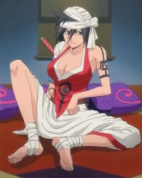 Rule 34 | 1girl, black hair, bleach, breasts, highres, large breasts, legs apart, shiba kuukaku, sword, weapon