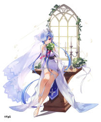 Rule 34 | 1girl, absurdres, ahoge, belt, blue hair, blush, bouquet, bow, braid, bridal gauntlets, bridal veil, candelabra, candle, candlestand, dress, earrings, eyepatch, flower, hakasesuitchi, highres, holding, holding bouquet, holding flower, jewelry, light blue hair, light rays, long hair, looking at viewer, multicolored hair, parted lips, petals, phantom of the kill, purple eyes, purple hair, see-through, simple background, single earring, smile, solo, thigh strap, tiara, twintails, veil, veins, very long hair, wedding dress, white background, white bow, white flower, white footwear, white hair, window
