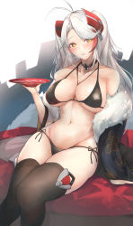 Rule 34 | 1girl, absurdres, adapted costume, ahoge, azur lane, between breasts, bikini, black bikini, black thighhighs, breasts, cleavage, collarbone, cross, cup, grey kimono, headgear, highres, iron cross, japanese clothes, kimono, large breasts, lips, looking at viewer, mole, mole under mouth, multicolored hair, open clothes, open kimono, prinz eugen (azur lane), prinz eugen (profusion of flowers) (azur lane), sakazuki, side-tie bikini bottom, silver hair, sitting, smile, solo, streaked hair, swimsuit, thighhighs, two side up, wet, yusha m