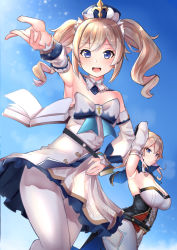 Rule 34 | 2girls, :d, armpits, barbara (genshin impact), bare shoulders, blonde hair, blue eyes, bow, cowboy shot, detached collar, detached sleeves, dress, dress bow, drill hair, flat chest, genshin impact, hair between eyes, hand on own hip, headdress, highres, jean (genshin impact), looking at viewer, multiple girls, open mouth, outstretched arm, pantyhose, reaching, reaching towards viewer, short dress, siblings, sisters, smile, solo focus, strapless, strapless dress, teeth, twin drills, twintails, upper teeth only, white dress, white legwear, white sleeves, zeroyama