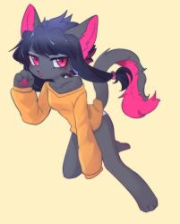Rule 34 | 1girl, animal ears, animal nose, black fur, black hair, blush, body fur, cat, cat ears, cat girl, cat tail, commentary request, full body, furry, furry female, highres, korean commentary, long sleeves, looking at viewer, off shoulder, original, panties, pawpads, pink eyes, pink fur, ressue (gomgom), simple background, solo, tail, tongue, tongue out, underwear, white panties, yellow background