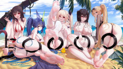 Rule 34 | 5girls, absurdres, all fours, anchorage (azur lane), anchorage (dolphins and swim lessons) (azur lane), ass, azur lane, barefoot, beach, bikini, bismarck (azur lane), bismarck zwei (azur lane), bismarck zwei (crystal-clear holiday) (azur lane), body writing, breasts, chinese commentary, cleavage, cloud, cloudy sky, day, eyewear on head, feet, from behind, full body, highres, large breasts, legs up, looking at viewer, manzai sugar, milestone celebration, multiple girls, new jersey (azur lane), new jersey (midsummer leisure) (azur lane), official alternate costume, one-piece swimsuit, palm tree, royal fortune (azur lane), royal fortune (eyes on the prize) (azur lane), see-through, see-through sleeves, sky, soles, sunglasses, swimsuit, swimsuit cover-up, taihou (azur lane), taihou (seaside daydreams) (azur lane), thigh strap, thighhighs, thighs, toes, tree