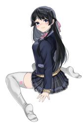 Rule 34 | 1girl, black hair, black jacket, black skirt, blazer, blue eyes, blush, bow, bowtie, breasts, cardigan, closed mouth, commentary, full body, hair ornament, hair ribbon, hairclip, highres, jacket, long hair, long sleeves, looking at viewer, medium breasts, miniskirt, nijisanji, no shoes, pink bow, pink bowtie, pink ribbon, plaid, plaid skirt, pleated skirt, ribbon, sahara, school uniform, signature, simple background, sitting, skirt, smile, solo, straight hair, swept bangs, thighhighs, tsukino mito, tsukino mito (1st costume), virtual youtuber, wariza, white background, white thighhighs, yellow cardigan, zettai ryouiki