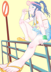 Rule 34 | 1girl, absurdres, bare shoulders, bra, child, feet, hat, hatsutonegitoro, highres, long hair, looking at viewer, original, ponytail, road sign, sandals, shiny skin, sign, sitting, solo, underwear