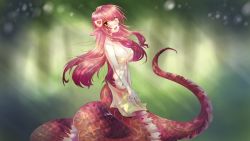 Rule 34 | 10s, 1girl, :d, bare shoulders, bikini, blush, breasts, cleavage, dreampaw, fang, hair ornament, hairclip, highres, lamia, long hair, looking at viewer, miia (monster musume), monster girl, monster musume no iru nichijou, navel, open mouth, orange eyes, pointy ears, red hair, scales, slit pupils, smile, solo, swimsuit, very long hair, wallpaper, yellow bikini