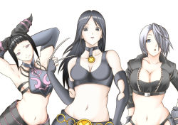 Rule 34 | 10s, 3girls, angel (kof), black hair, blue eyes, breasts, capcom, chinese clothes, choker, claw (weapon), cleavage, cropped jacket, crossover, detached sleeves, drill hair, dudou, elbow gloves, fingerless gloves, gloves, hair over one eye, halterneck, halterneck, han juri, large breasts, long hair, marvel, midriff, multiple crossover, multiple girls, navel, nontan0825, purple eyes, silver hair, snk, street fighter, street fighter iv (series), the king of fighters, twin drills, weapon, x-23, x-men