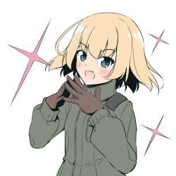 Rule 34 | 1girl, blonde hair, blue eyes, blush, diffraction spikes, fang, girls und panzer, gloves, green jumpsuit, highres, jumpsuit, katyusha (girls und panzer), looking at viewer, open mouth, short hair, simple background, solo, standing, vri (tinder box), white background