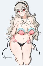 Rule 34 | 1girl, bikini, black bikini bottom, black headwear, blush, breasts, clam shell, cleavage, corrin (female) (fire emblem), corrin (fire emblem), dragon girl, fire emblem, fire emblem cipher, fire emblem fates, groin, hand on breasts, hand on own chest, happy, headband, highres, large breasts, light blush, long hair, looking at viewer, navel, nintendo, official alternate costume, red eyes, shell, shell bikini, shiny skin, sixtybuzzer, smile, starfish, starfish hair ornament, swimsuit, thighs, wavy hair, wide hips