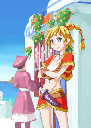 Rule 34 | 1boy, 1girl, back, blonde hair, blue eyes, braid, breasts, chrono cross, commentary request, flower, gloves, hat, highres, jewelry, kid (chrono cross), knife, long hair, masunikuru, multi-tied hair, navel, necklace, single braid, skirt, sky, small breasts, solo, standing, thighs, water