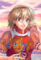 Rule 34 | 1girl, animal, animal ear fluff, breasts, brown eyes, brown hair, cape, cloud, cloudy sky, flying squirrel, gensou suikoden, gensou suikoden ii, hair ornament, happy, lowres, medium hair, mukumuku, nanami (suikoden), oono, open mouth, outdoors, sky, small breasts, smile, squirrel, sunset