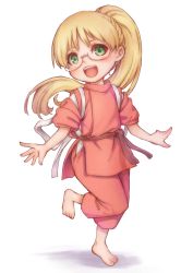 Rule 34 | 1girl, :d, barefoot, blonde hair, cosplay, full body, glasses, green eyes, highres, hip vent, japanese clothes, kodue55, long hair, looking at viewer, made in abyss, ogino chihiro, ogino chihiro (cosplay), open mouth, pants, ponytail, riko (made in abyss), sash, sen to chihiro no kamikakushi, simple background, smile, solo, standing, standing on one leg, studio ghibli, tasuki, white background