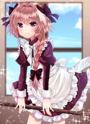 Rule 34 | 1boy, :&gt;, apron, astolfo (fate), black bow, black dress, blue sky, blush, bow, bowtie, braid, broom, closed mouth, commentary request, cowboy shot, cuff links, day, dot nose, dress, eyelashes, fate/apocrypha, fate (series), frilled apron, frills, hair between eyes, hair bow, hair intakes, hair over shoulder, high collar, highres, holding, holding broom, indoors, juliet sleeves, katou kuroko, large bow, leaning forward, long hair, long sleeves, looking at viewer, maid, male focus, multicolored hair, official alternate costume, petticoat, pink hair, puffy sleeves, purple eyes, single braid, sky, sleeve cuffs, smile, solo, sparkle, standing, streaked hair, thick eyebrows, trap, two-tone hair, white apron, white bow, white bowtie, white hair, window