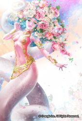 Rule 34 | 10s, 1girl, 2013, blue eyes, blue hair, bracelet, center opening, colored skin, copyright request, eyeshadow, flower, hair flower, hair ornament, jewelry, lamia, lips, makeup, matching hair/eyes, monster girl, nail polish, navel, nose, official art, pink skin, scales, solo, yagi hikaru