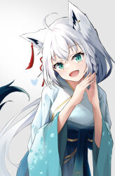 Rule 34 | 1girl, ahoge, animal ear fluff, animal ears, blue kimono, braid, commentary request, earrings, fox ears, fox girl, fox tail, green eyes, hair between eyes, hair ornament, heart, highres, hololive, japanese clothes, jewelry, kimono, long hair, looking at viewer, open mouth, own hands together, shirakami fubuki, shirakami fubuki (new year), sidelocks, simple background, single braid, smile, solo, tail, unknown (riseillustrator), virtual youtuber, white background, white hair, white kimono