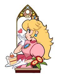 Rule 34 | 1girl, alternate eye color, black eyes, blonde hair, blue gemstone, bright pupils, brooch, cake, closed mouth, crown, dress, earrings, eyelashes, fire flower, food, from side, fruit, gem, gloves, hand up, heart, highres, holding, holding plate, icing, infantplanet, jewelry, lips, long hair, looking at viewer, looking to the side, mario (series), nintendo, open hand, pink dress, plate, princess, princess peach, puffy short sleeves, puffy sleeves, short sleeves, smile, solo, sphere earrings, stained glass, star (symbol), strawberry, strawberry cake, super mario bros. 1, super mushroom, transparent background, white gloves, white pupils