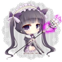 Rule 34 | 1girl, black dress, black footwear, black hair, blush, bow, candle, chibi, closed mouth, commentary request, cranny (shironeko project), dress, fire, frilled hairband, frilled thighhighs, frills, hair bow, hairband, high heels, holding, holding staff, juliet sleeves, long hair, long sleeves, looking at viewer, petticoat, puffy sleeves, purple bow, purple eyes, purple fire, ribs, shironeko project, sitting, skull, solo, spine, staff, striped background, striped clothes, striped thighhighs, thighhighs, twintails, vertical-striped clothes, vertical-striped thighhighs, very long hair, yukiyuki 441