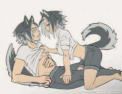 Rule 34 | 1boy, 1girl, animal ear fluff, animal ears, barefoot, black hair, blue eyes, breasts, clothes lift, commentary, crop top, dog boy, dog ears, dog girl, dog tail, english commentary, flat color, genderswap, grey hair, grey pants, grey shorts, high collar, highres, keel (tate no yuusha no nariagari), kneeling, linea alba, looking at another, lying, medium breasts, midriff, multicolored hair, navel, open mouth, pants, selfcest, shirt, shirt lift, short sleeves, shorts, signature, simple background, streaked hair, tail, tate no yuusha no nariagari, temerohimitaki, toned, turtleneck, two-tone hair, white background, white shirt