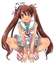 Rule 34 | 10s, 1girl, amakara senbe, bad id, bad pixiv id, brown eyes, brown hair, dark-skinned female, dark skin, dress, fang, full body, hat, kantai collection, libeccio (kancolle), long hair, open mouth, panties, pantyshot, shoes, simple background, sleeveless, sleeveless dress, smile, solo, spread legs, squatting, striped clothes, striped panties, twintails, underwear, very long hair, white background