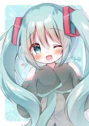 Rule 34 | 1girl, :3, blue eyes, blue hair, blush, detached sleeves, hair ornament, hanasakichu, hatsune miku, heart, highres, long hair, long sleeves, looking at viewer, miku day, necktie, one eye closed, open mouth, shirt, sleeveless, sleeveless shirt, sleeves past fingers, sleeves past wrists, smile, solo, twintails, vocaloid