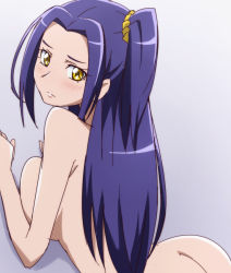 Rule 34 | 10s, 1girl, alternate breast size, ass, blush, breast press, breasts, completely nude, kurokawa eren, long hair, looking at viewer, nude, oimanji, one side up, precure, purple hair, seiren (suite precure), side ponytail, solo, suite precure, yellow eyes