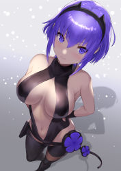Rule 34 | 1girl, arms behind back, bad id, bad pixiv id, bare shoulders, black hairband, black leotard, blush, breasts, center opening, collarbone, dark-skinned female, dark skin, fate/prototype, fate/prototype: fragments of blue and silver, fate (series), hair between eyes, hairband, hassan of serenity (fate), large breasts, leggings, leotard, looking at viewer, mokyumokyuchan, navel, purple eyes, purple hair, short hair, smile, solo, thigh strap
