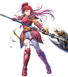 Rule 34 | 1girl, armor, armored boots, asatani tomoyo, axe, battle axe, belt, boots, breastplate, broken, broken armor, broken weapon, elbow pads, fire emblem, fire emblem: path of radiance, fire emblem heroes, gauntlets, hand up, high ponytail, highres, holding, holding weapon, jill (fire emblem), long hair, long sleeves, looking away, nintendo, official art, one eye closed, pants, parted lips, ponytail, red armor, red eyes, red hair, scar, shoulder armor, solo, sweat, sweatdrop, torn clothes, torn pants, torn sleeves, transparent background, weapon, white pants