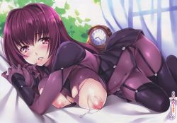 Rule 34 | 1girl, bed, between breasts, blush, bodysuit, breasts, breasts out, clock, covered erect nipples, covered navel, cum, cum on body, cum on breasts, cum on upper body, curtains, day, fate/grand order, fate (series), garter straps, hair intakes, highres, impossible clothes, indoors, large breasts, long hair, looking at viewer, mizuhara yuu, nipples, on bed, page number, parted lips, pillow, purple bodysuit, purple eyes, purple hair, scan, scathach (fate), scathach (fate), solo, thighhighs, torn bodysuit, torn clothes, tree