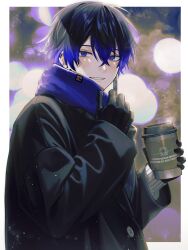 Rule 34 | 1boy, absurdres, black gloves, black hair, black jacket, blue eyes, blue hair, blurry, bokeh, colored tips, cup, depth of field, disposable cup, ear piercing, earclip, english text, from side, gloves, hair between eyes, hands up, highres, holding, holding cup, iyo (iyoo), jacket, jewelry, light particles, long sleeves, looking at viewer, looking to the side, male focus, mole, mole under eye, multicolored hair, original, outside border, parted lips, piercing, ring, ringed eyes, signature, smile, solo, steam, sweater, two-tone hair, upper body, white sweater