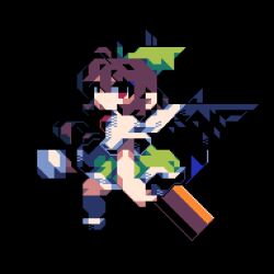 Rule 34 | 1girl, arm cannon, bird wings, black background, black wings, bow, brown hair, cape, chibi, commentary request, control rod, full body, geometric pattern, green bow, green skirt, hair between eyes, hair bow, highres, long hair, looking at viewer, medium bangs, open mouth, pixel art, red eyes, reiuji utsuho, shirt, simple background, skirt, solo, third eye, tonchamon san, touhou, weapon, white cape, white shirt, wings