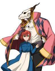 Rule 34 | 1boy, 1girl, absurdres, animal head, animal skull, apron, black pants, blouse, blue dress, closed mouth, cosplay, delfuze, dress, elias ainsworth, green eyes, hatori chise, highres, holding hands, howl (howl no ugoku shiro), howl (howl no ugoku shiro) (cosplay), howl no ugoku shiro, interspecies, jacket, jacket on shoulders, jewelry, looking at viewer, mahou tsukai no yome, necklace, pants, pink jacket, profile, red hair, shirt, simple background, skull head, smile, sophie (howl no ugoku shiro), sophie (howl no ugoku shiro) (cosplay), waist apron, white background, white shirt