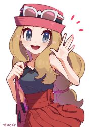 Rule 34 | 1girl, :d, bag, blonde hair, commentary request, creatures (company), eyelashes, eyewear on head, game freak, grey eyes, handbag, hat, highres, holding, holding bag, light blush, long hair, looking at viewer, low-tied long hair, nintendo, omochi (omotimotittona3), open mouth, pink bag, pink hat, pleated skirt, pokemon, pokemon xy, red skirt, serena (pokemon), simple background, skirt, smile, solo, sunglasses, teeth, translation request, upper teeth only, waving, white-framed eyewear, white background
