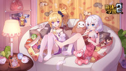 Rule 34 | 2girls, :q, bare arms, bare shoulders, barefoot, benghuai xueyuan, blonde hair, blue eyes, blush, book, cellphone, character request, closed mouth, commentary request, couch, dress, hair between eyes, highres, holding, holding book, holding phone, homu (honkai impact), honkai (series), honkai impact 3rd, indoors, knees up, minecraft, multiple girls, no shoes, on couch, open book, open mouth, pantyhose, phone, pillow, pink dress, purple dress, purple eyes, side ponytail, single sock, sleeveless, sleeveless dress, smile, socks, unworn socks, soles, strapless, strapless dress, sweat, table, theresa apocalypse, tongue, tongue out, tsubasa tsubasa, white pantyhose, white socks, wooden floor
