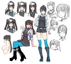 Rule 34 | black hair, blush, boots, breasts, character sheet, choker, concept art, michihasu, multiple views, smile, thighhighs, twintails