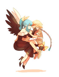Rule 34 | 1boy, 1girl, bad id, bad pixiv id, bare shoulders, blonde hair, blue hair, chain, collar, colored eyelashes, dizzy (guilty gear), guilty gear, guilty gear 2, long hair, mature female, mother and son, ponytail, ribbon, san (winteroll), shorts, simple background, sin kiske, wings
