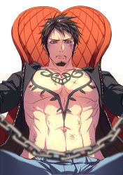 Rule 34 | 1boy, abs, bare pectorals, black coat, black hair, bruise, chain, chained, chain, chest tattoo, coat, commentary request, denim, earrings, eilinna, facial hair, from below, goatee, injury, jaguar print, jeans, jewelry, large pectorals, long sideburns, male focus, navel, nipples, one piece, open clothes, open coat, pants, pectoral focus, pectorals, short hair, sideburns, solo, tattoo, toned, toned male, trafalgar law, unzipped