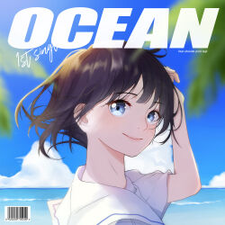 Rule 34 | 1girl, absurdres, album cover, barcode, black hair, blue eyes, blurry, blurry foreground, cover, floating hair, from side, highres, leaf, looking at viewer, ocean, official art, oooo (ornette), original, sailor collar, shirt, short hair, smile, solo, song name, white sailor collar, white shirt